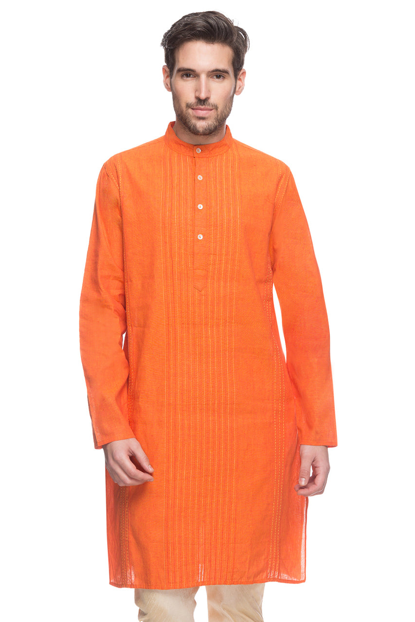 Men's orange textured cotton band collar knee-length kurta, front view.