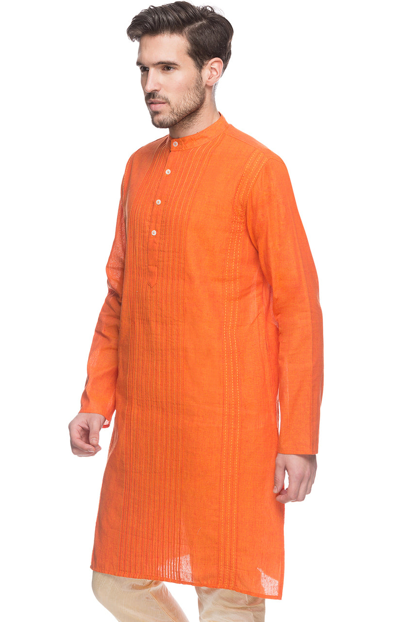 Men's orange textured cotton band collar knee-length kurta, side view.