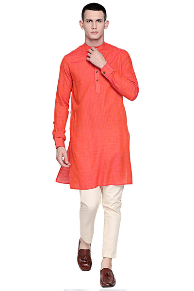 Men's orange textured linen band collar knee-length kurta, alternate front view.