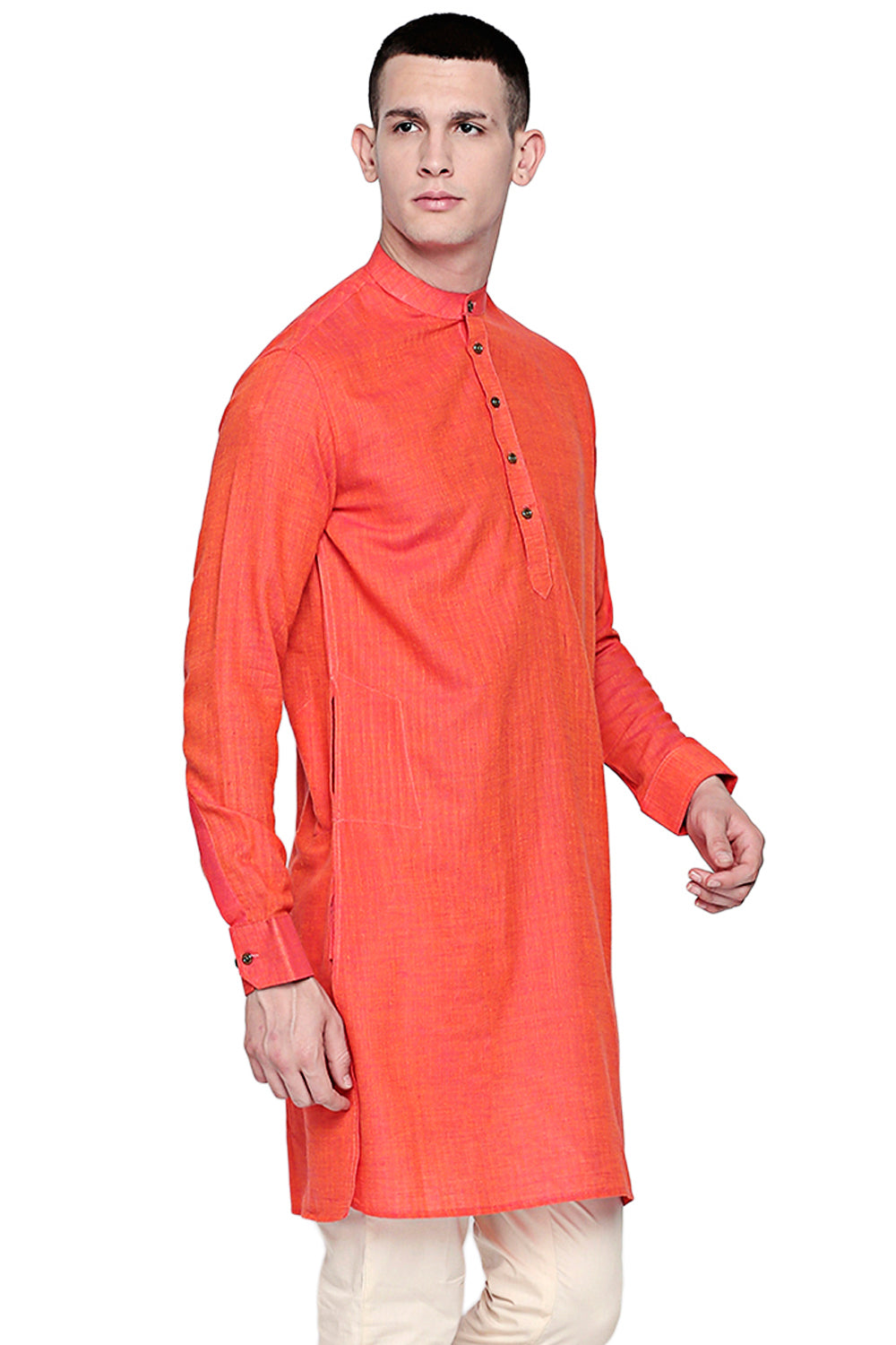 Men's orange textured linen band collar knee-length kurta, alternate side view.