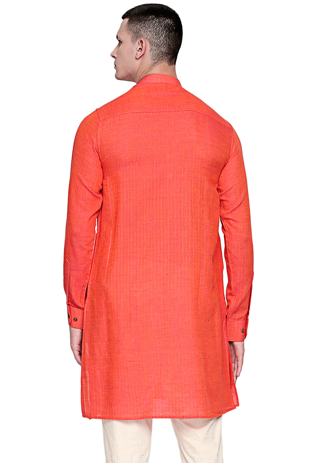 Men's orange textured linen band collar knee-length kurta, back view.