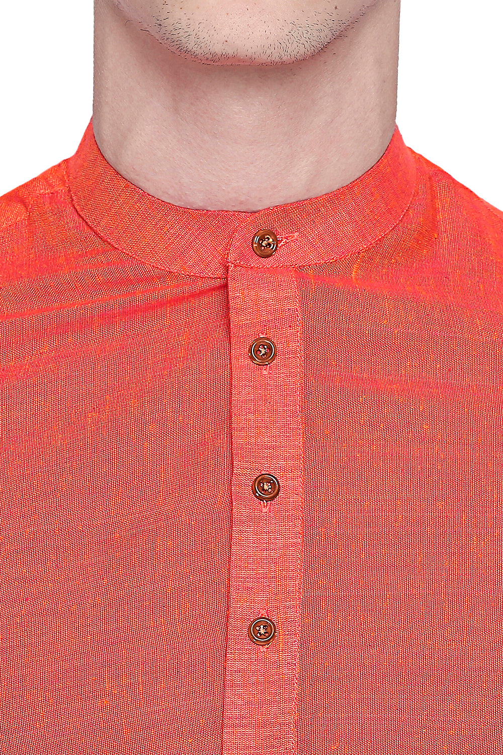 Men's orange textured linen band collar knee-length kurta, close-up detail.