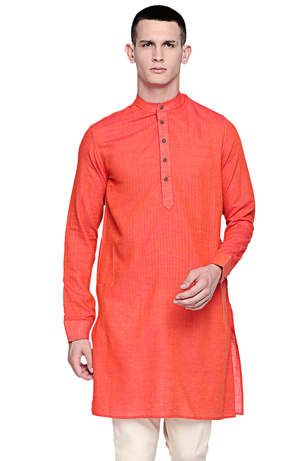 Men's orange textured linen band collar knee-length kurta, front view.