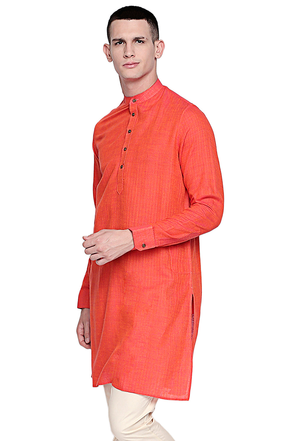 Men's orange textured linen band collar knee-length kurta, side view.