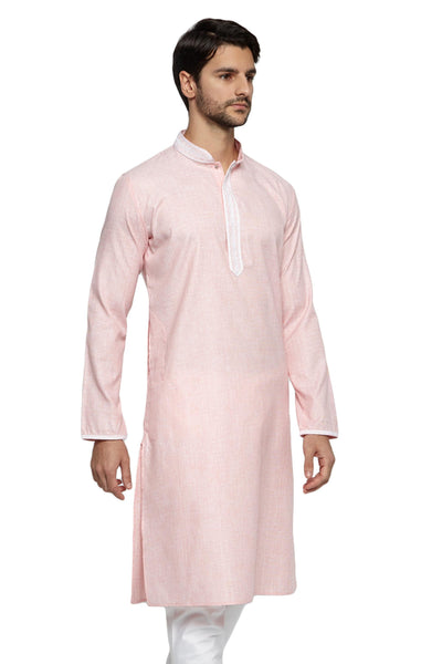 Men's peach embroidered knee-length kurta, alternate front view.
