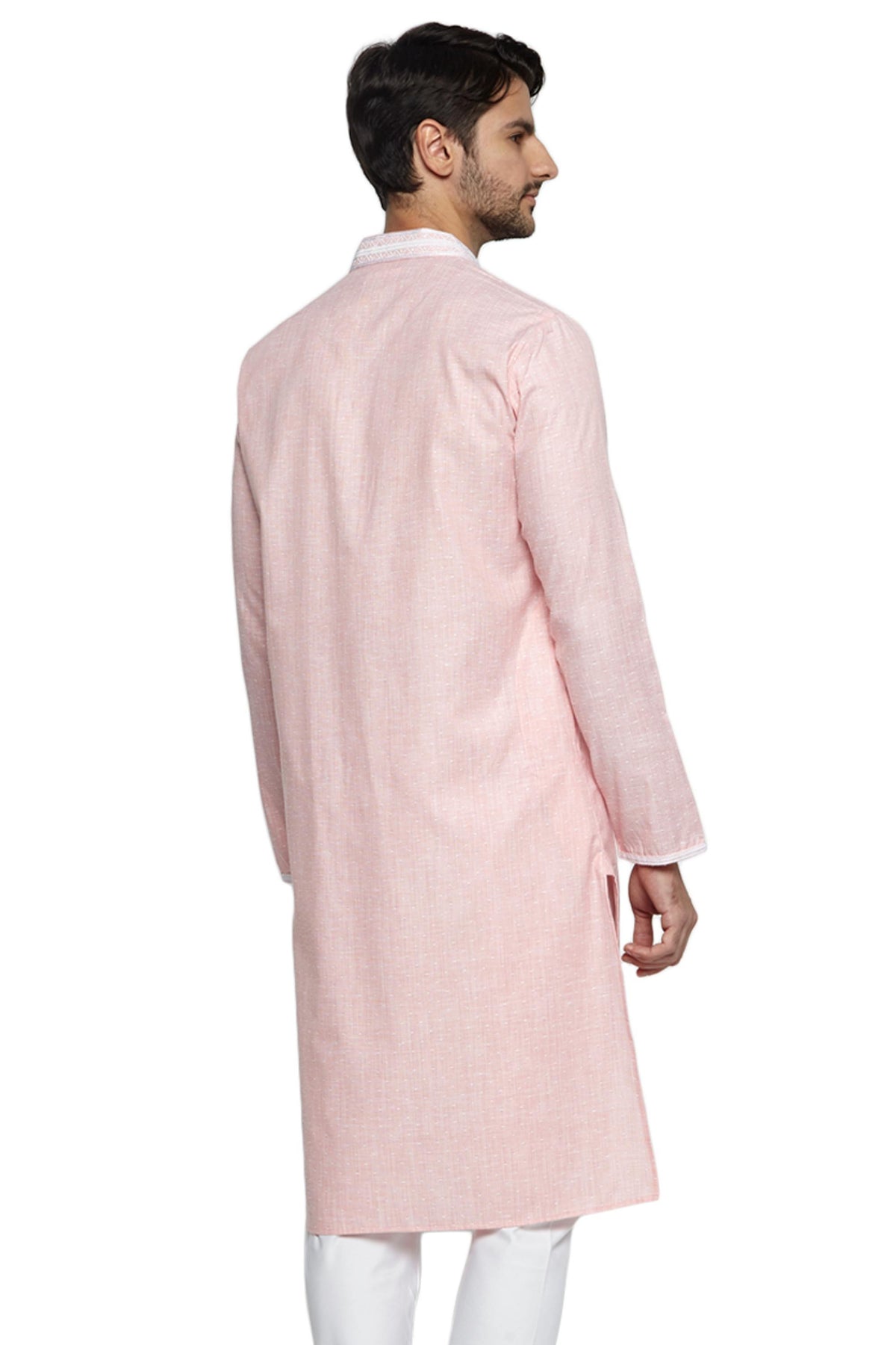 Men's peach embroidered knee-length kurta, alternate side view.