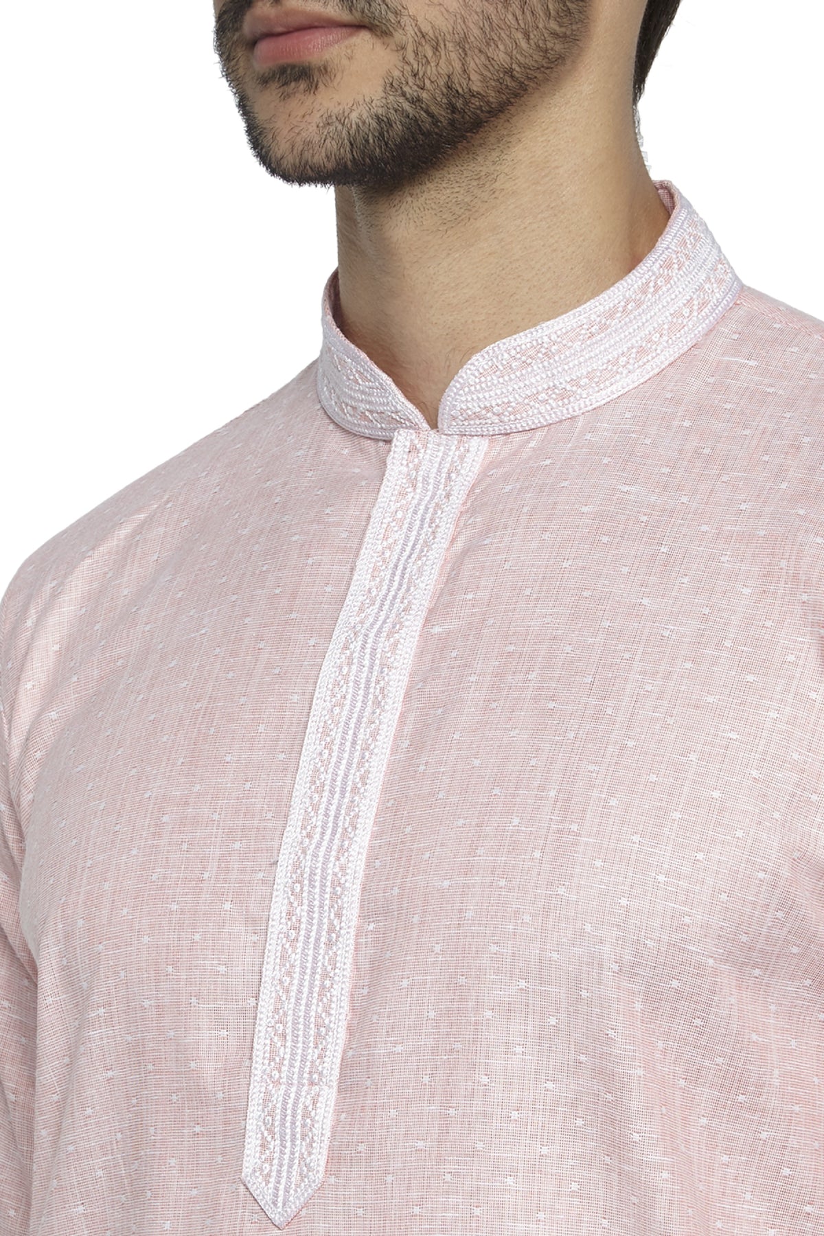 Men's peach embroidered knee-length kurta, back view.
