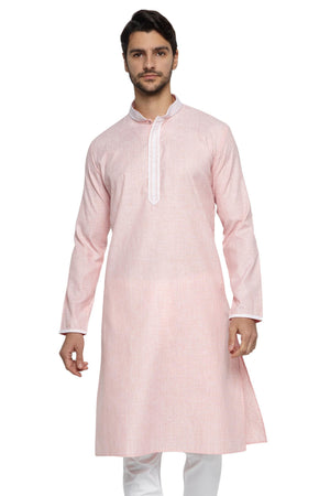 Men's peach embroidered knee-length kurta, front view.