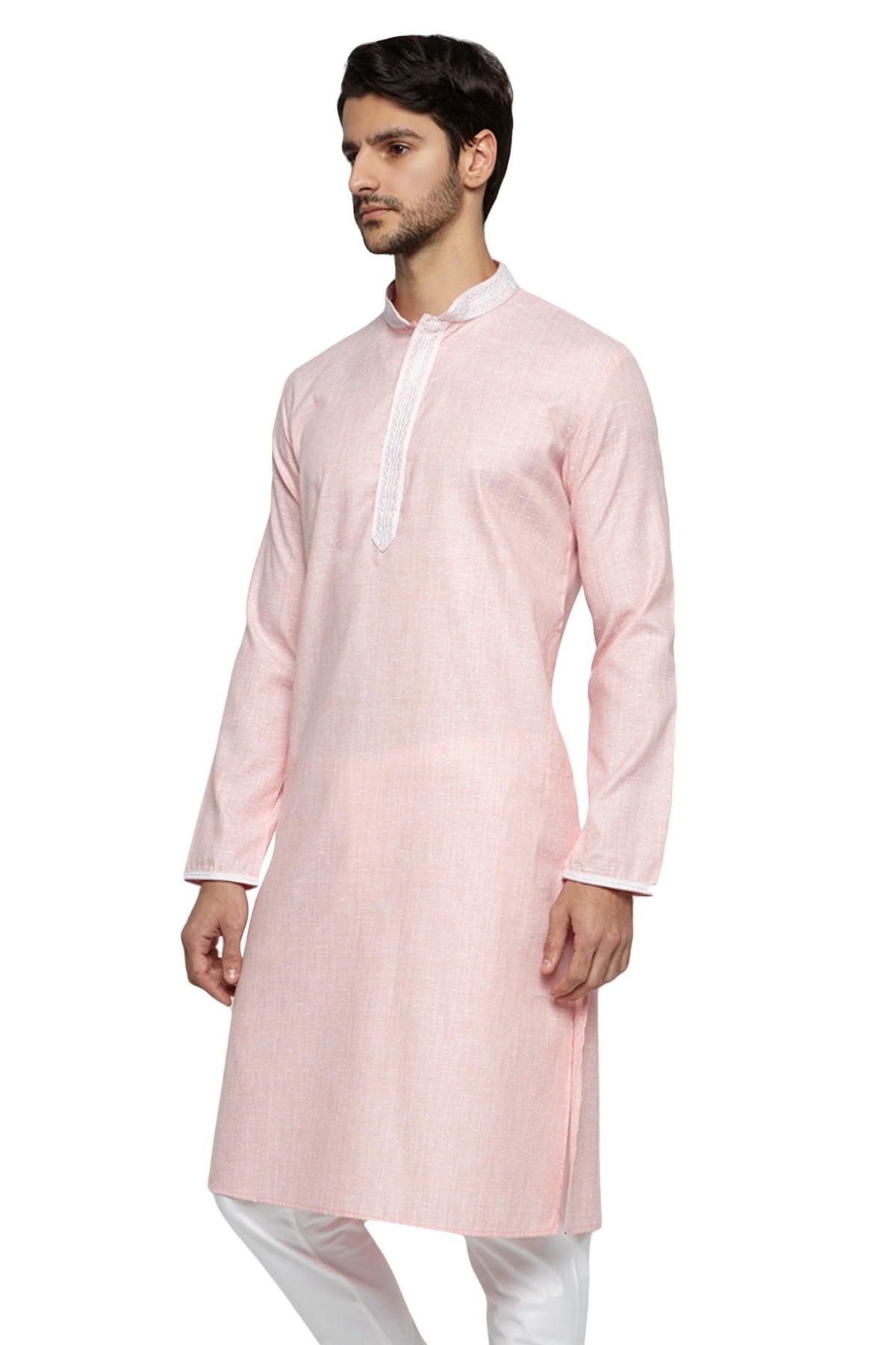 Men's peach embroidered knee-length kurta, side view.