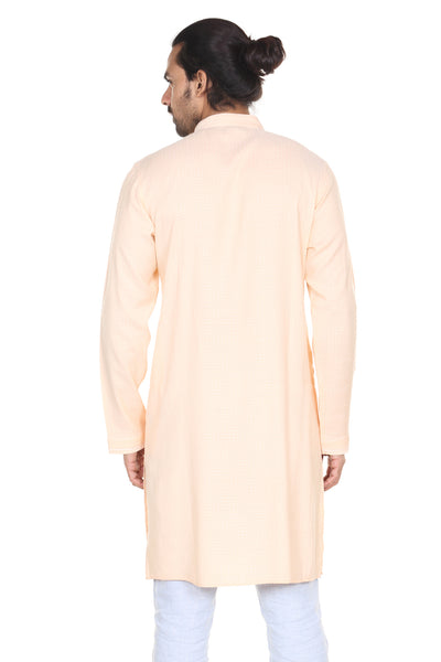 Men's peach printed denim knee-length kurta, alternate front view.