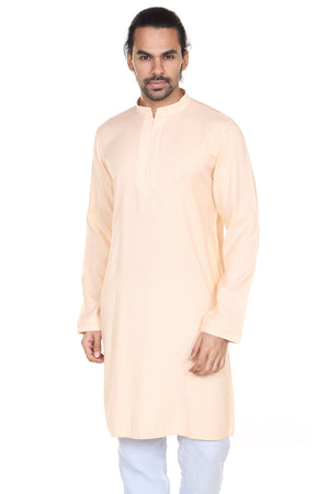 Men's peach printed denim knee-length kurta, front view.