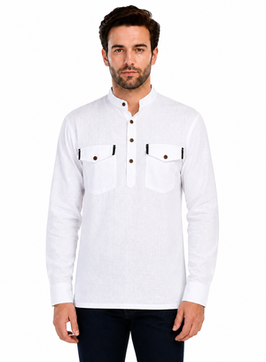 Front view of In-Sattva men's pearl white double-breasted hip-length kurta tunic