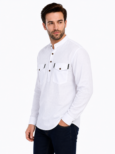 Side view of In-Sattva men's pearl white double-breasted hip-length kurta tunic