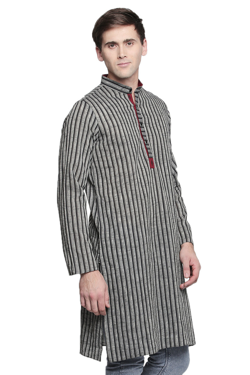 Men's pin-stripe cotton band collar knee-length kurta, alternate front view.