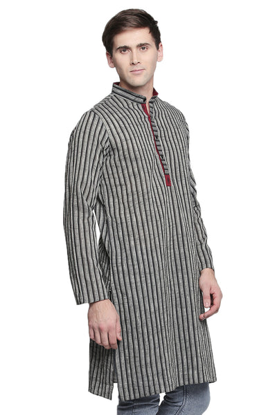 Men's pin-stripe cotton band collar knee-length kurta, alternate front view.