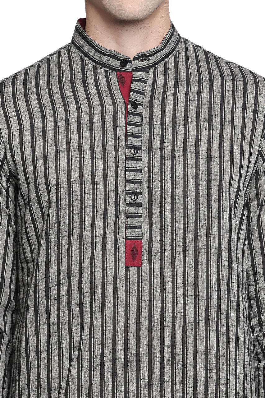 Men's pin-stripe cotton band collar knee-length kurta, alternate side view.