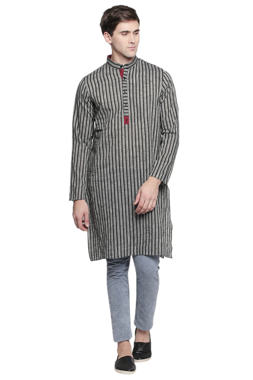 Men's pin-stripe cotton band collar knee-length kurta, back view.
