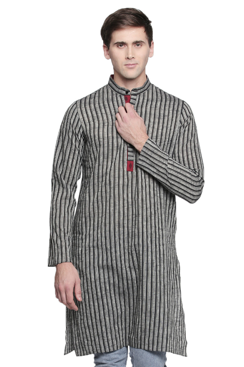 Men's pin-stripe cotton band collar knee-length kurta, close-up detail.