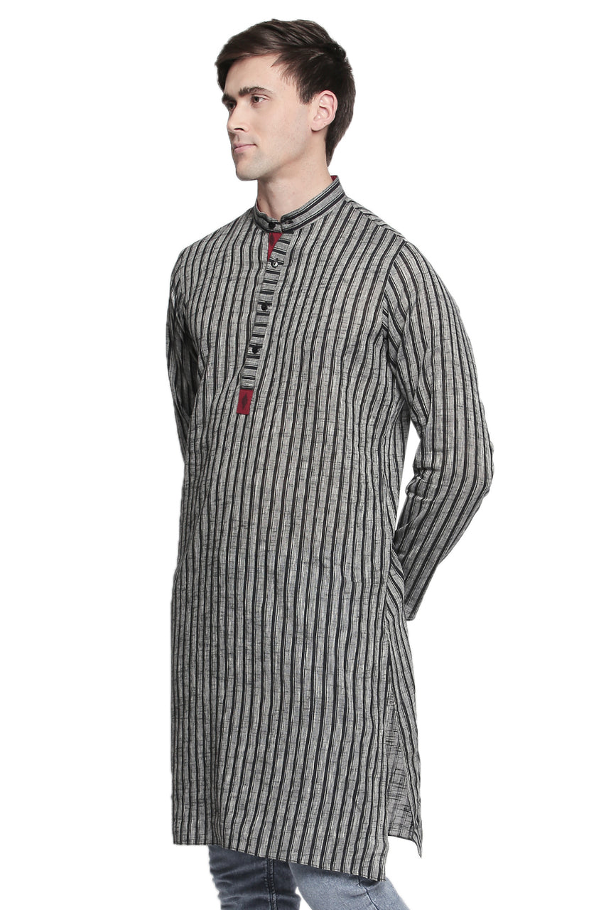 Men's pin-stripe cotton band collar knee-length kurta, front view.