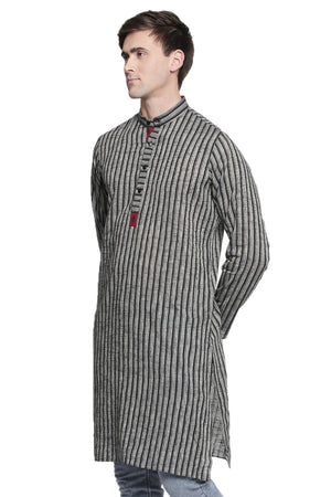 Men's pin-stripe cotton band collar knee-length kurta, front view.