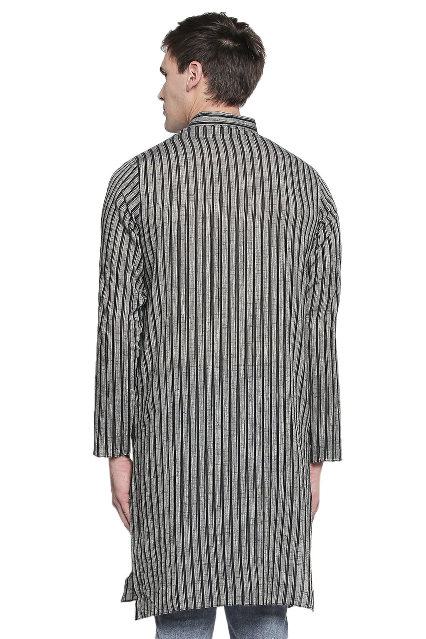 Men's pin-stripe cotton band collar knee-length kurta, side view.