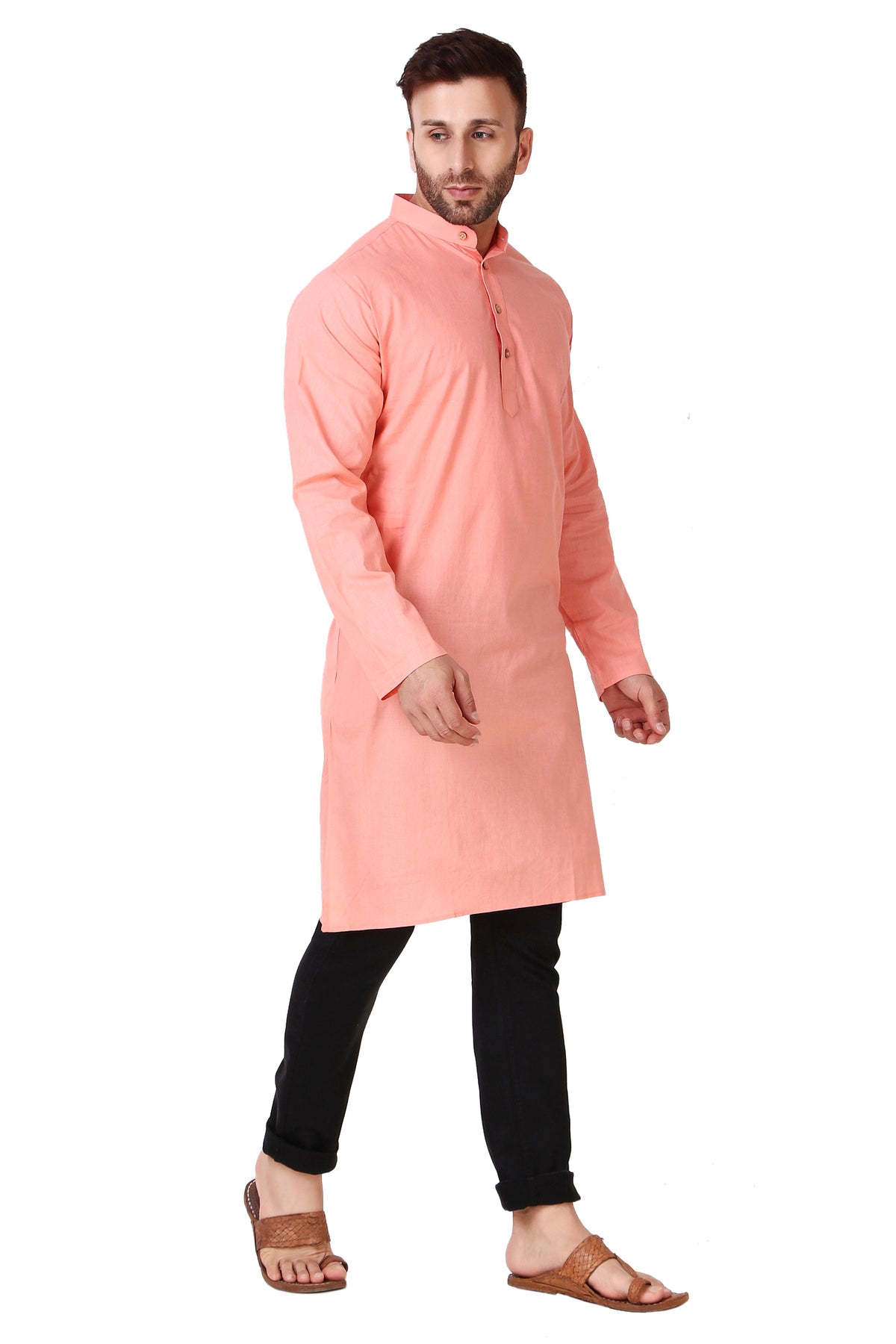 Men's pink cotton band collar knee-length kurta, alternate front view.
