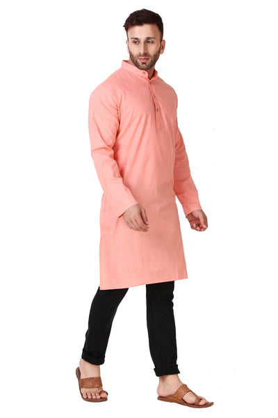 Men's pink cotton band collar knee-length kurta, alternate front view.