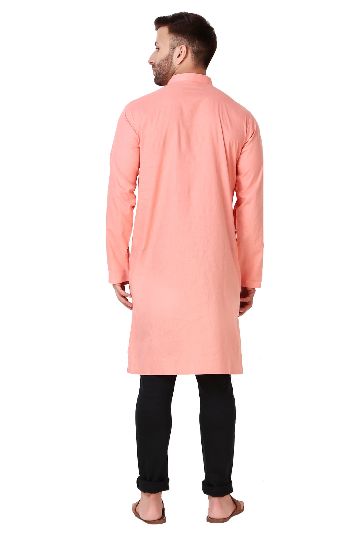 Men's pink cotton band collar knee-length kurta, alternate side view.
