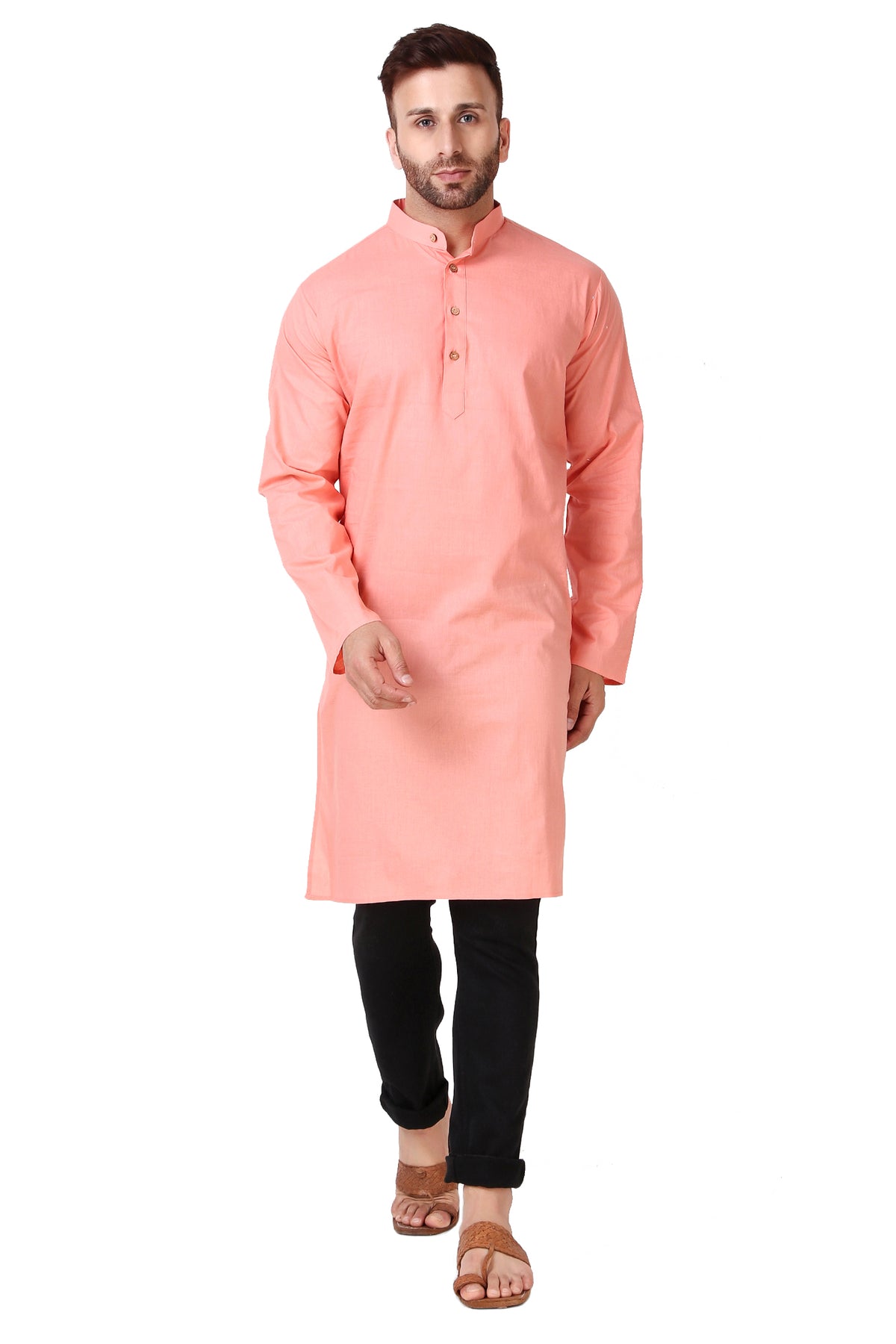 Men's pink cotton band collar knee-length kurta, back view.