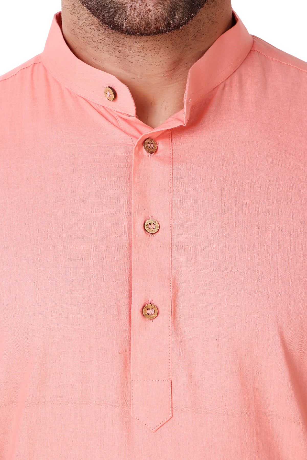 Men's pink cotton band collar knee-length kurta, close-up detail.