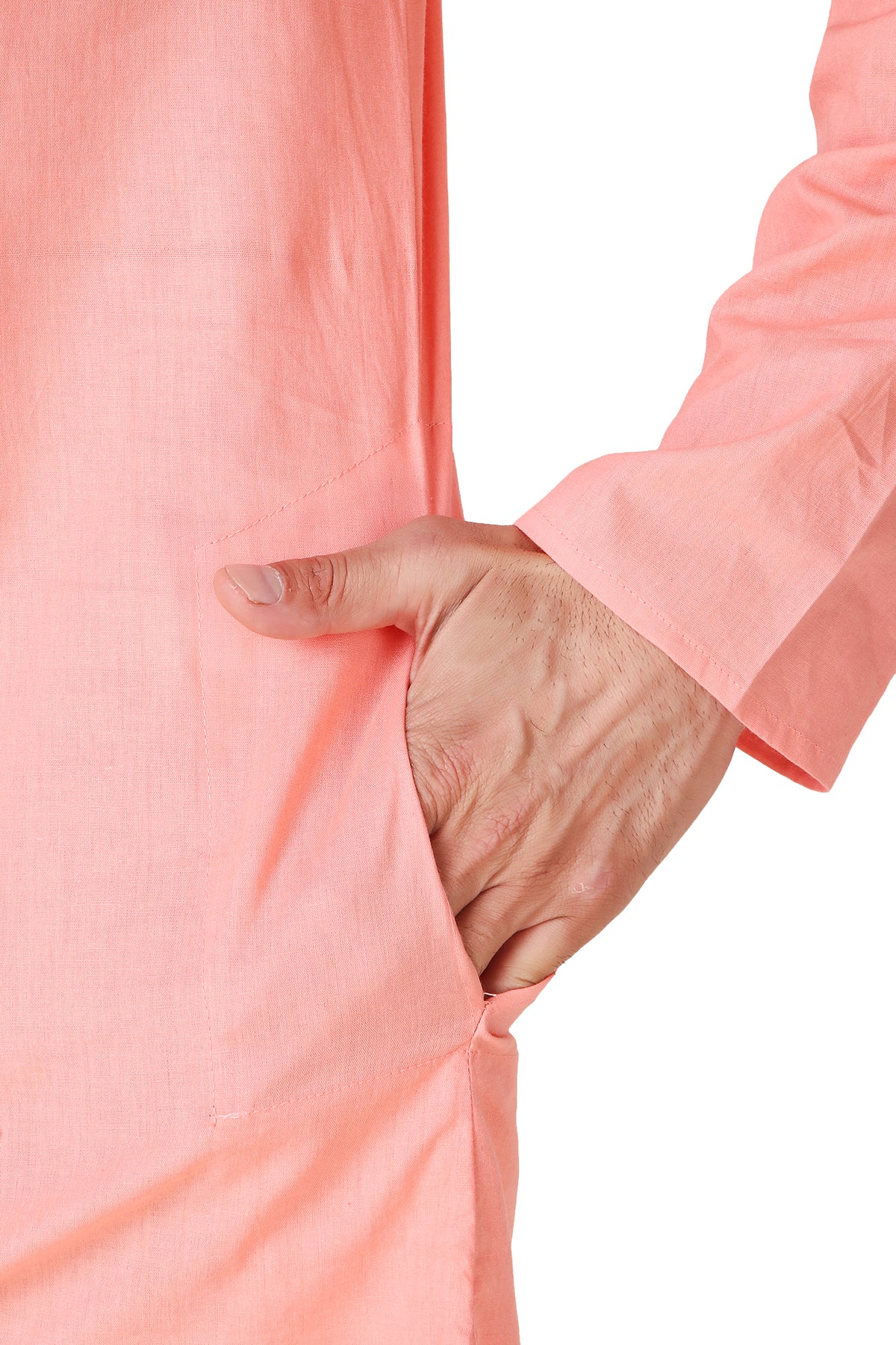 Men's pink cotton band collar knee-length kurta, collar and neckline detail.