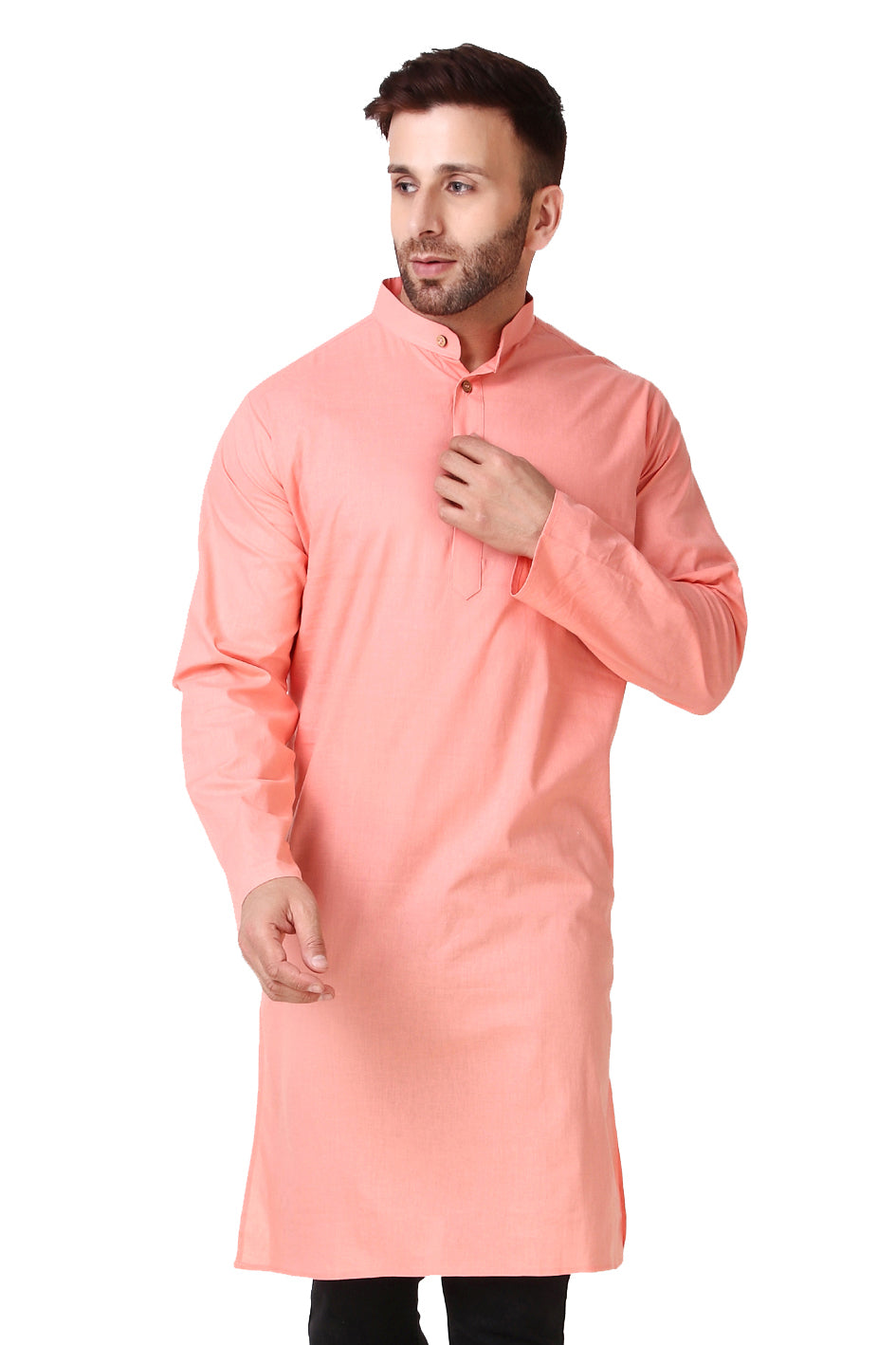 Men's pink cotton band collar knee-length kurta, front view.