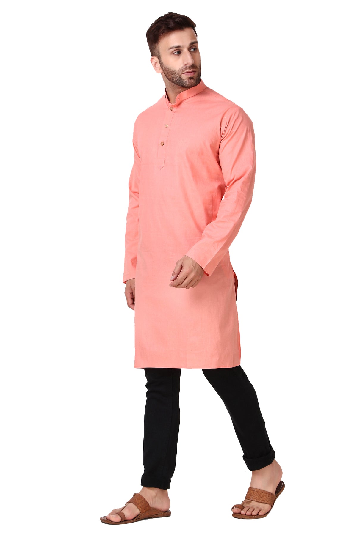 Men's pink cotton band collar knee-length kurta, side view.