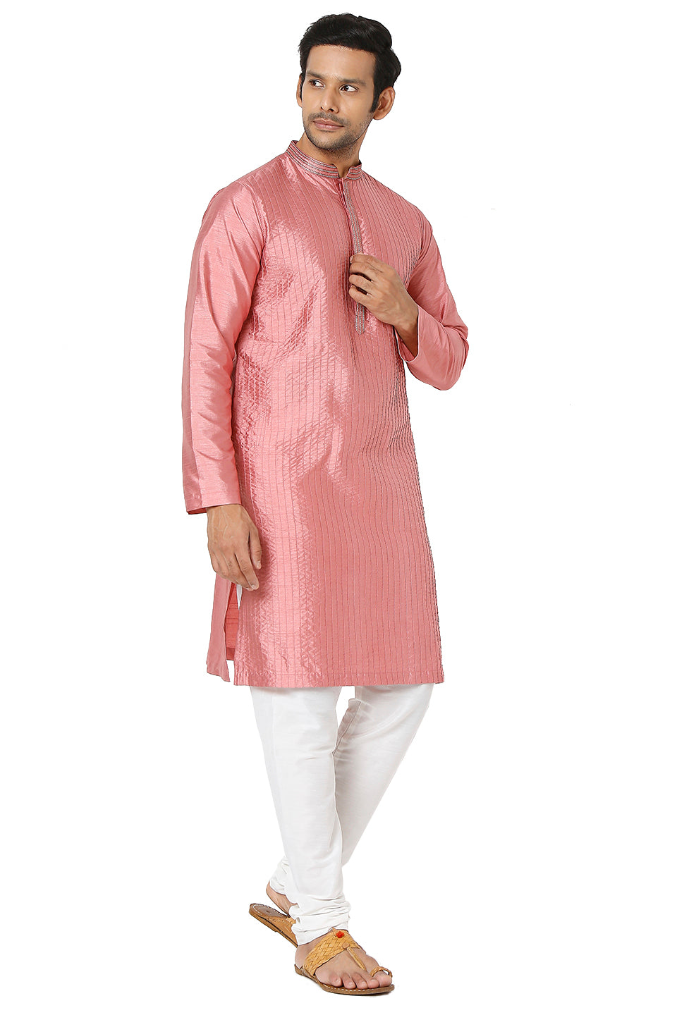 Men's pink embroidered cotton knee-length kurta, alternate front view.