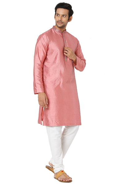 Men's pink embroidered cotton knee-length kurta, alternate front view.