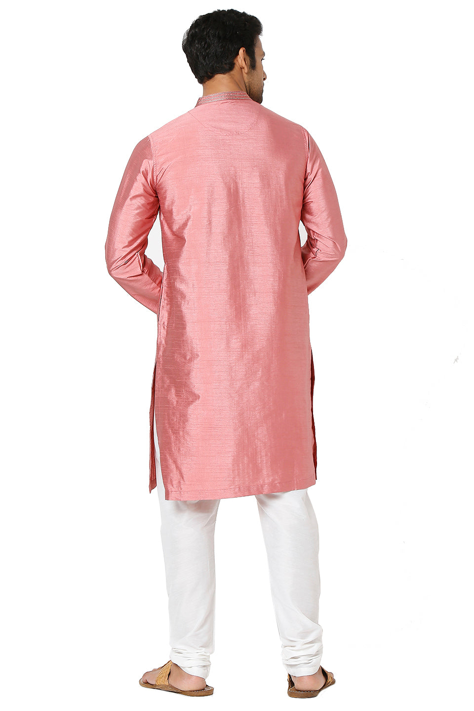 Men's pink embroidered cotton knee-length kurta, alternate side view.
