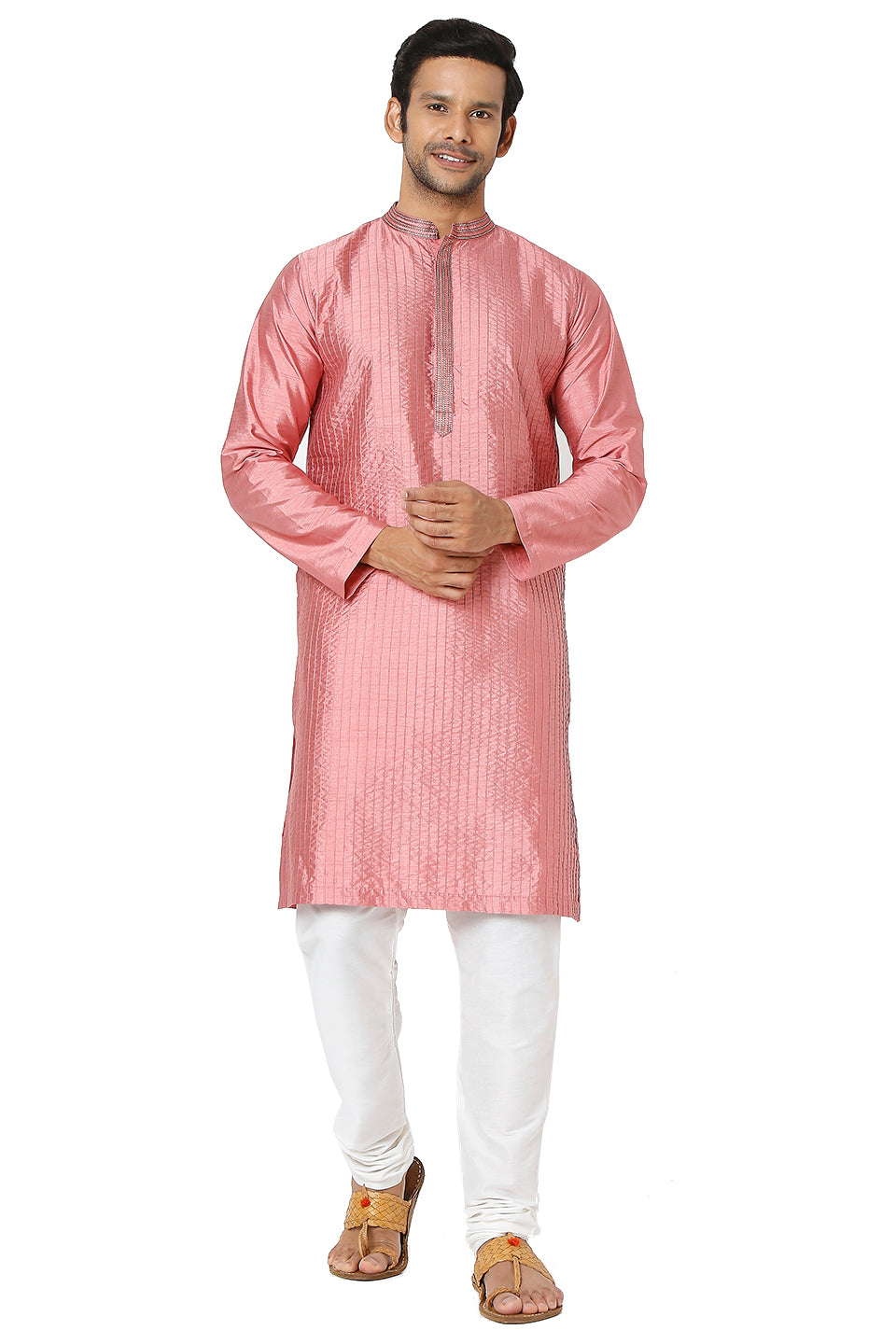 Men's pink embroidered cotton knee-length kurta, back view.