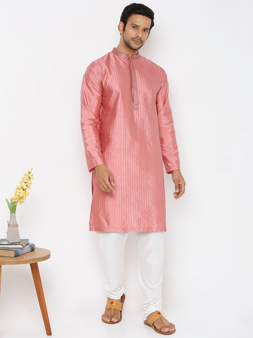 Men's pink embroidered cotton knee-length kurta, collar and neckline detail.
