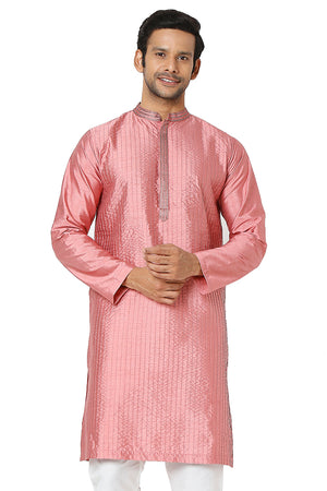 Men's pink embroidered cotton knee-length kurta, front view.