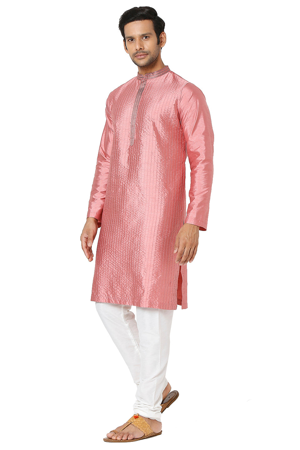 Men's pink embroidered cotton knee-length kurta, side view.