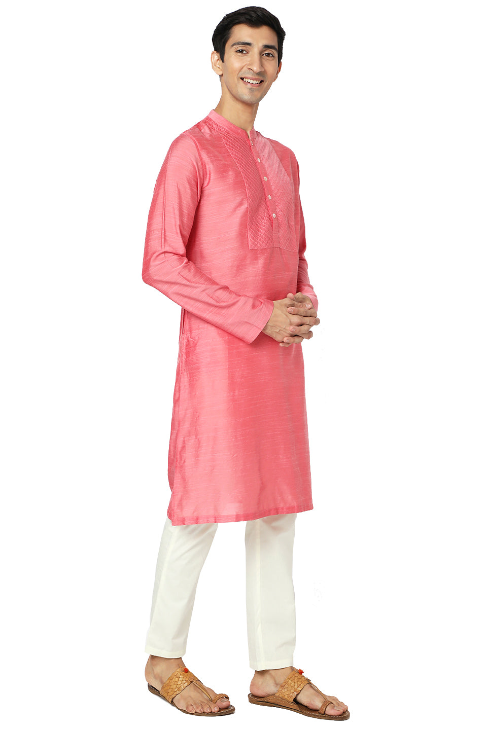 Men's pink embroidered cotton knee-length kurta style 2, alternate front view.