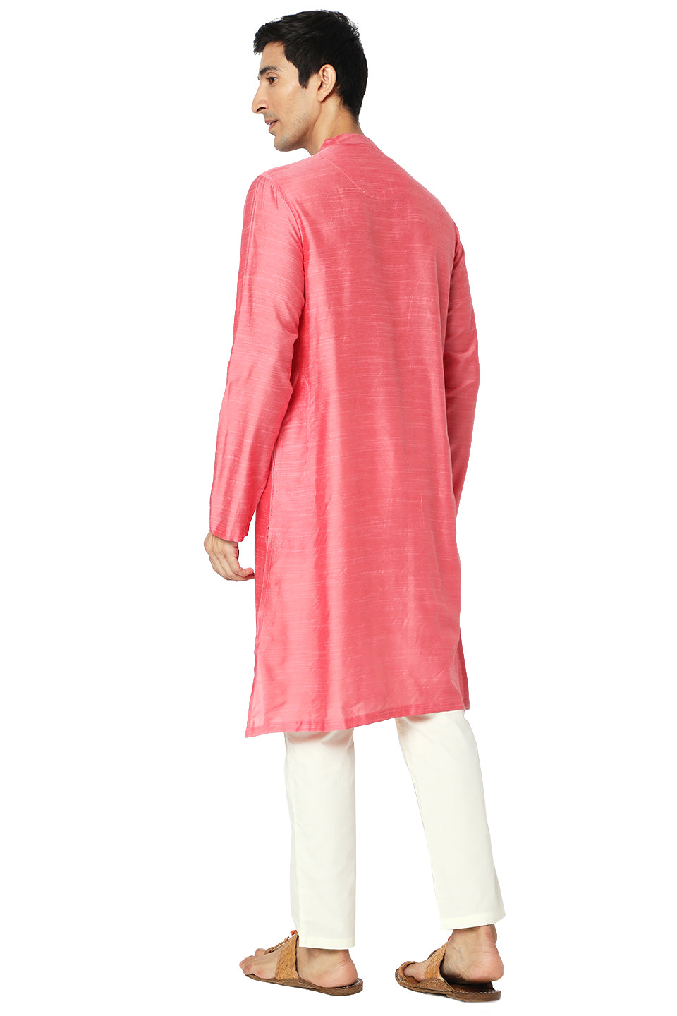 Men's pink embroidered cotton knee-length kurta style 2, alternate side view.