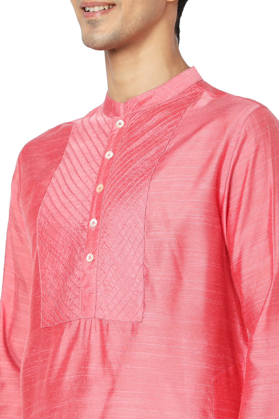 Men's pink embroidered cotton knee-length kurta style 2, back view.