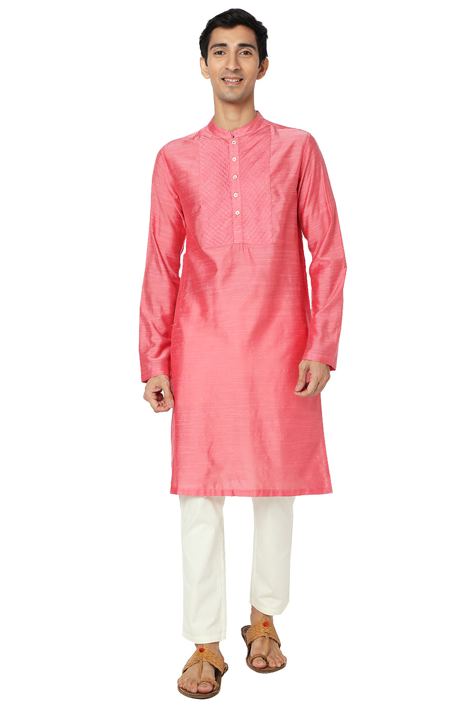 Men's pink embroidered cotton knee-length kurta style 2, close-up detail.