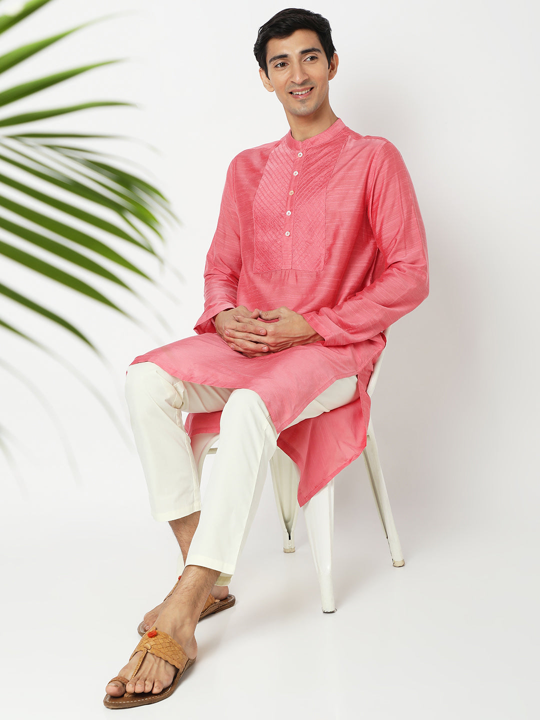Men's pink embroidered cotton knee-length kurta style 2, collar and neckline detail.