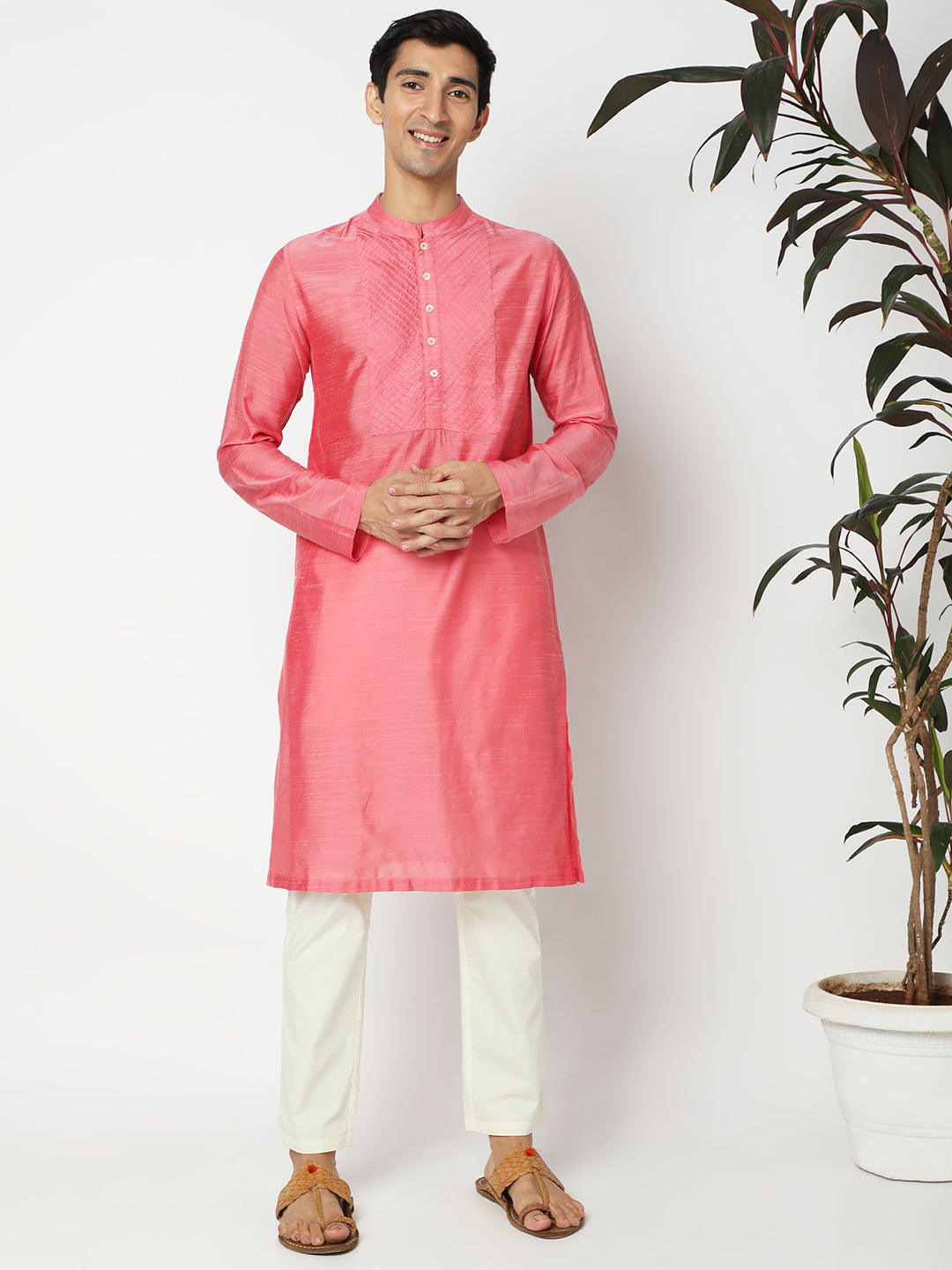 Men's pink embroidered cotton knee-length kurta style 2, fabric texture detail.
