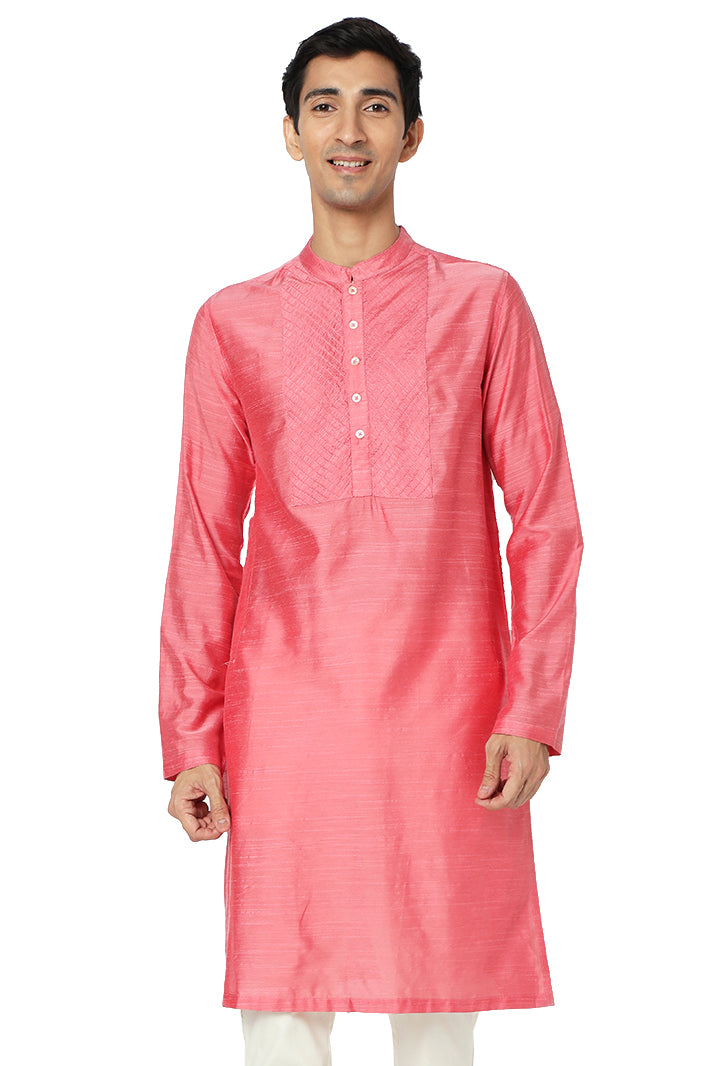 Men's pink embroidered cotton knee-length kurta style 2, front view.