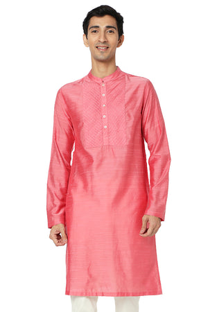 Men's pink embroidered cotton knee-length kurta style 2, front view.