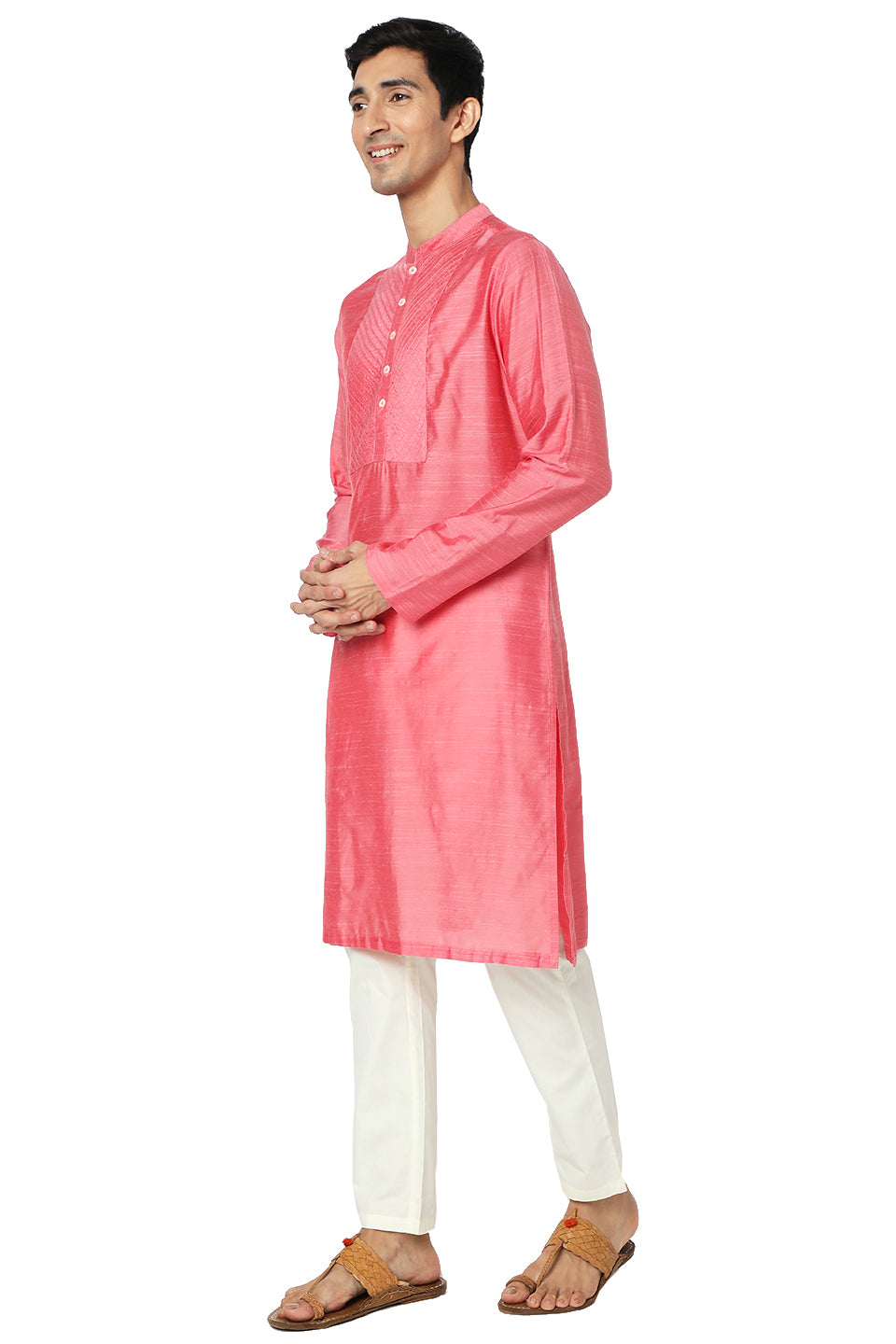 Men's pink embroidered cotton knee-length kurta style 2, side view.