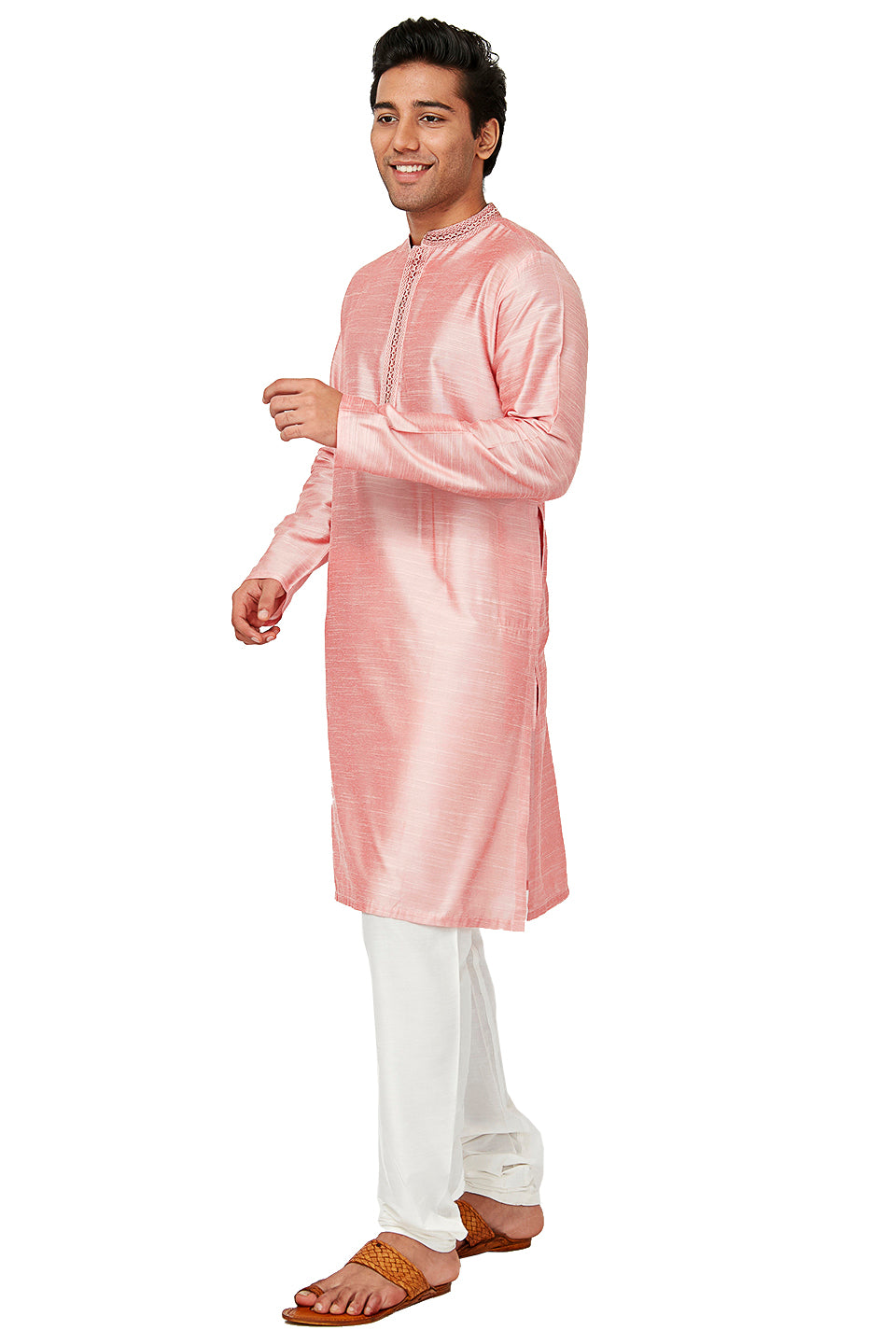 Men's pink embroidered cotton knee-length kurta style 3, alternate front view.